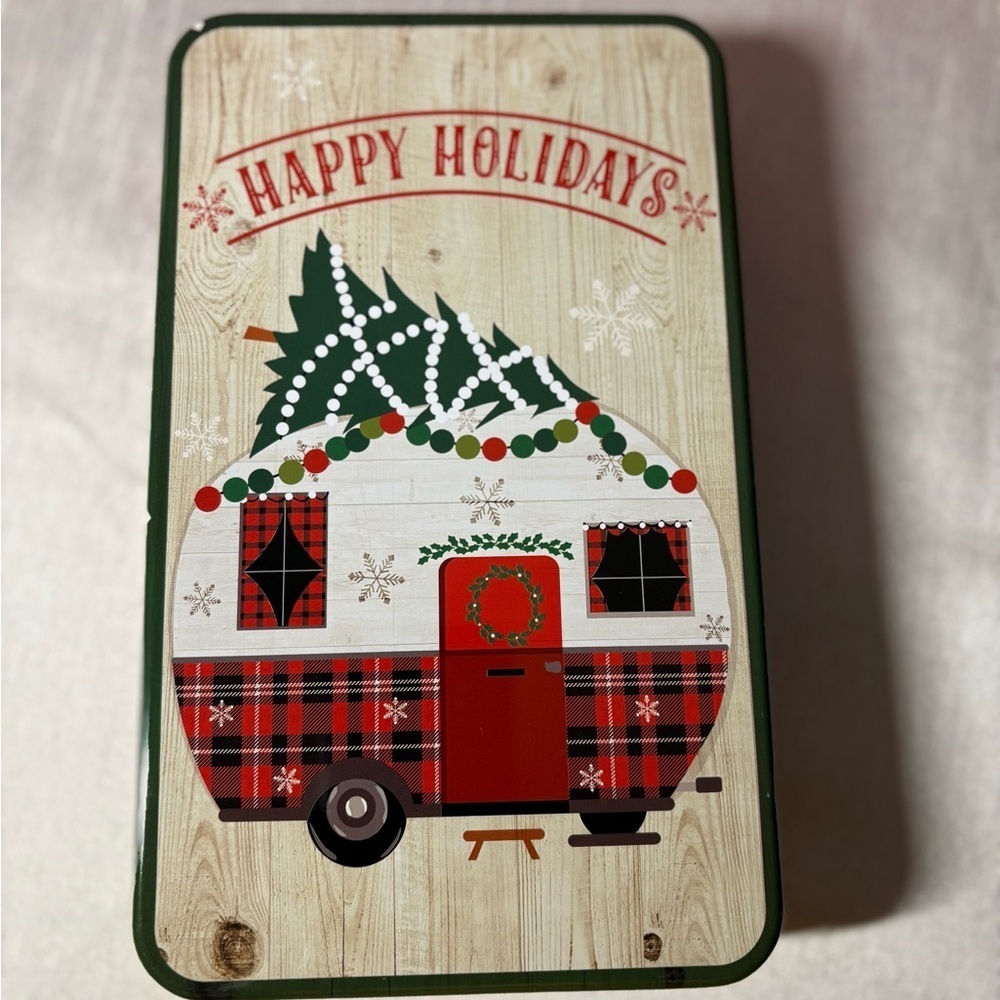 'Happy Holiday' Cookie Tin with Red and Green. Christmas Holiday Design